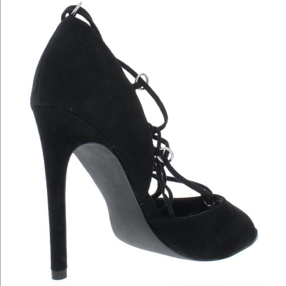 New in box Steve Madden Rayshel heels black Suede Strappy Lace Up Peep Toe - Picture 2 of 6